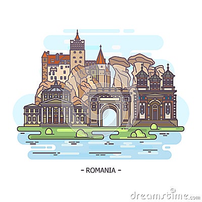 Monuments or Romania landmark buildings. Vector Illustration