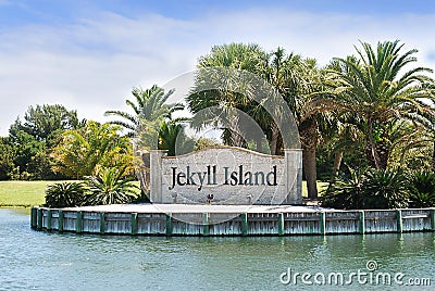 The landmark entrance sign to Jekyll Island, Georgia. Stock Photo