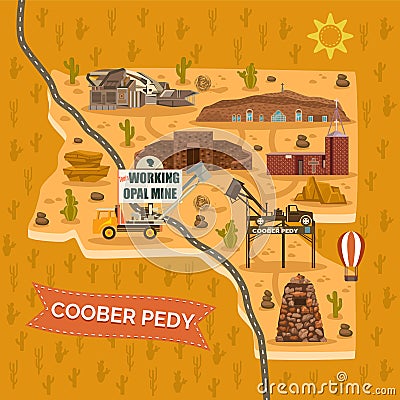 Landmark map for Australian Coober Pedy town, city Vector Illustration