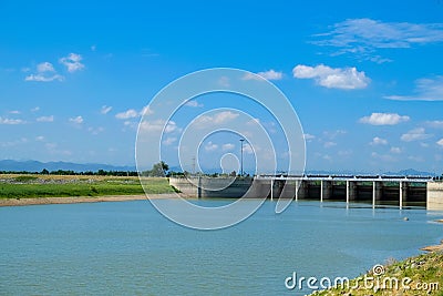 Landmark of Pasak Jolasid Dam in Lopburi, Thailand. Stock Photo