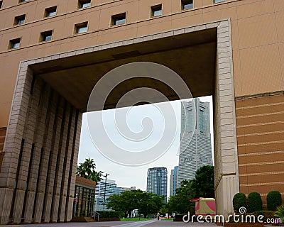 Landmark Tower through an archway. Yokohama Editorial Stock Photo