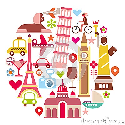 Landmark Travel - round vector illustration Vector Illustration