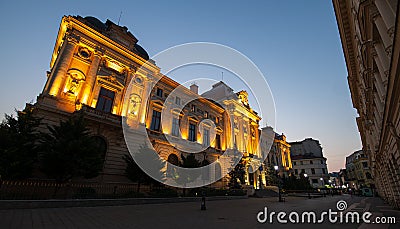 Landmarks of Bucharest. View to National Bank of Romania building before sunrise Editorial Stock Photo