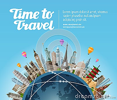 Landmarks on globe. Travel to world. Tourism or vacation Vector Illustration