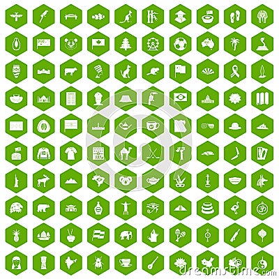 100 landmarks icons hexagon green Vector Illustration