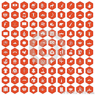 100 landmarks icons hexagon orange Vector Illustration