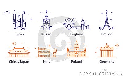 Landmarks icons set, world capitals symbols. Paris and London, Moscow and Spain, France and China and more. Stock Photo