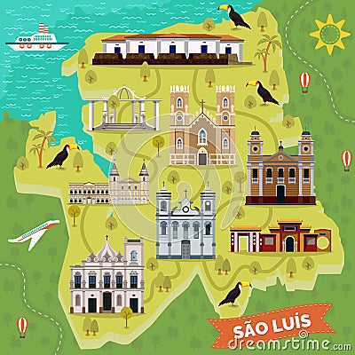 Landmarks on map of Sao Luis. Brazil sightseeing Vector Illustration