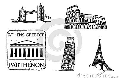 Landmarks and monuments of Europe isolated on white background. Stock Photo