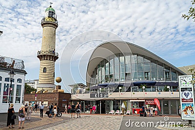 The Landmarks of Warnemuende, old lighthouse and building Teepott Editorial Stock Photo