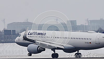 Landning för Lufthansa flygbuss A320-200 D-AIZZ på den Munich flygplatsen, MUC, snö lager videofilmer Landning för Lufthansa flygbuss A320-200 D-AIZZ på den Munich flygplatsen, MUC, snö lager videofilmer