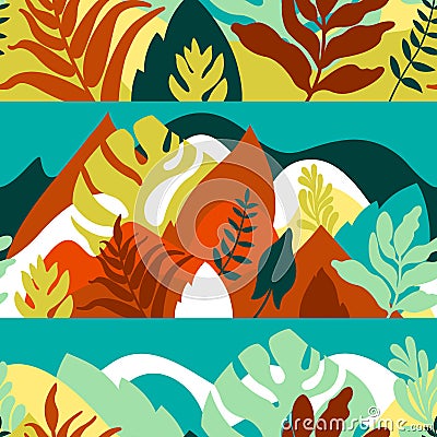 Seamless pattern with mountain hilly landscape with tropical plants and trees, palms. Vector Illustration