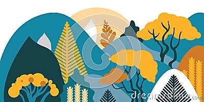 Mountain hilly landscape with tropical plants and trees, palms, succulents. Asian landscape in warm pastel colors. Vector Illustration