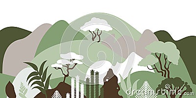 Mountain hilly landscape with tropical plants and trees, palms, succulents. Asian landscape in warm pastel colors. Vector Illustration