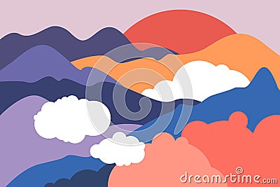 Landscape with mountain peaks, hills, forests and fields, foot, slopes, glaciers. Vector Illustration