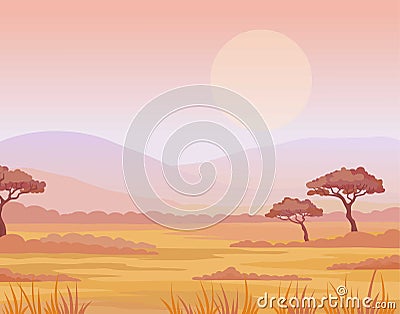 Landscape African savanna. Sunset. The place for the text. Vector Illustration