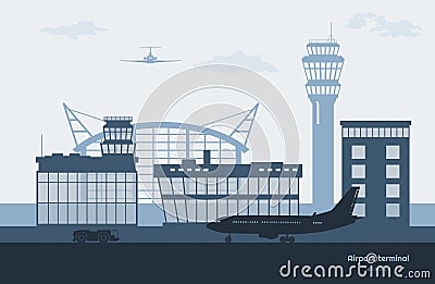 Landscape of airport. Transportation terminal silhouette. Airplane on aerodrome background. Aviation scene Vector Illustration