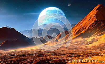 Landscape of an alien planet, view of another planet surface, science fiction background. Generative Ai Cartoon Illustration