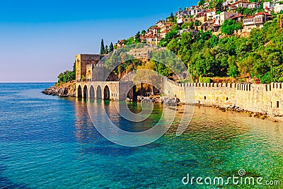 Landscape of ancient shipyard near of Kizil Kule tower in Alanya peninsula, Antalya district, Turkey, Asia. Famous tourist Stock Photo