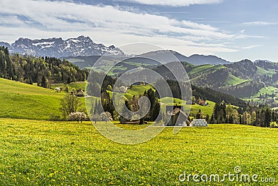 Landscape in the Appenzell Alps, view to the Alpstein mountains with Saentis, Switzerland Stock Photo