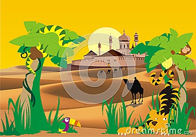 Landscape-fortress in the desert, palm and wild animals Vector Illustration