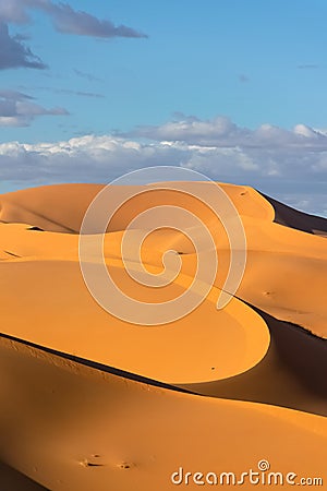 Landscape of arc shaped sand dunes in contrasted sunny Sahara Desert Stock Photo