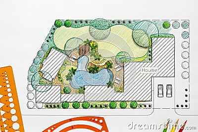 Landscape architect design backyard plan for villa Stock Photo