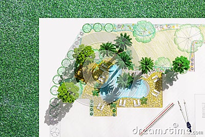 Landscape architect design backyard plan for villa Stock Photo