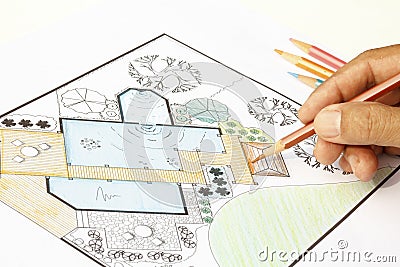 Landscape Architect design garden plans for backyard Stock Photo