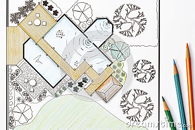 Landscape Architect design garden plans for backyard Stock Photo