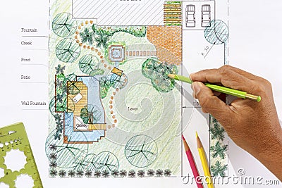 Landscape Architect design water garden plans Stock Photo