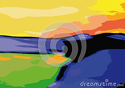 Landscape Art Illustration Hills, Beach, Sea, Ocean, Sun and Summer Colors Vibrant Vector Vector Illustration
