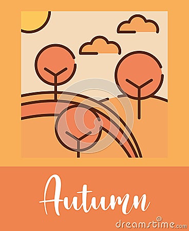 landscape autumm forest trees nature cartoon, filled line flat Vector Illustration