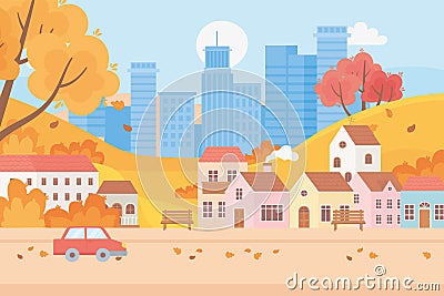 Landscape in autumn nature scene, cityscape urban and suburban houses car trees leaves street Vector Illustration