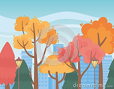 Landscape in autumn nature scene, park trees lamps and cityscape Vector Illustration