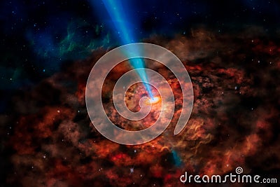 Fantasy alien galaxy with red glowing spiral clouds and sun beam. Stock Photo