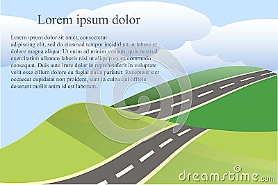 Landscape background with green heals grey road and blue clouds Vector Illustration