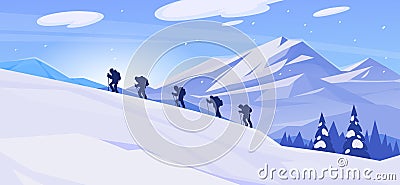 Landscape background with a group of mountaineers climbing a snowy mountain Vector Illustration