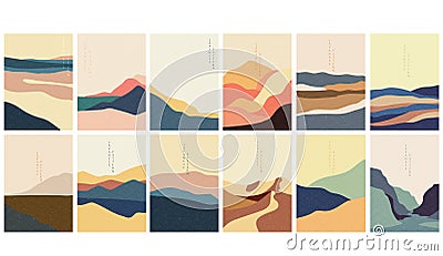 Landscape background with Japanese wave pattern vector. Mountain wallpaper with copy space in vintage style. Vector Illustration