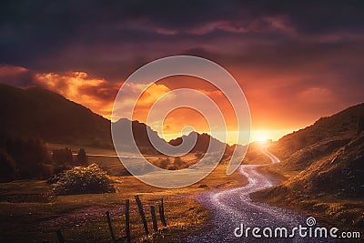 Landscape background with path in Urkiola at sunset Stock Photo