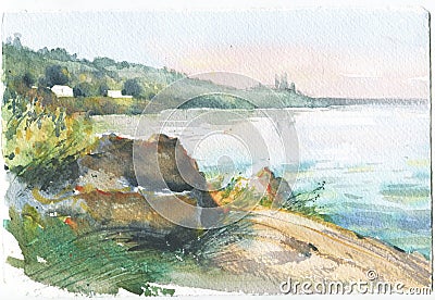 Landscape background. Trendy minimalist watercolor art illustrations. Original nature painting with acrylic paints. Cartoon Illustration