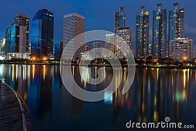 View of Bangkok building on the bank of the Chao Phraya river at night. Editorial Stock Photo