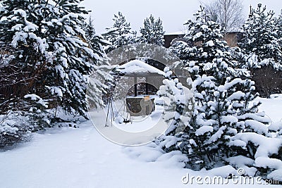 Landscape with barbeque area, snowbanks of white snow, pine trees in country garden. Stock Photo