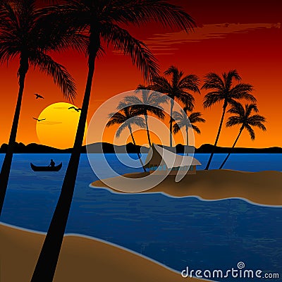 Landscape of beach with coconut trees, hut Stock Photo