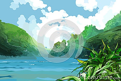 Landscape beautiful bay among green mountains Vector Illustration