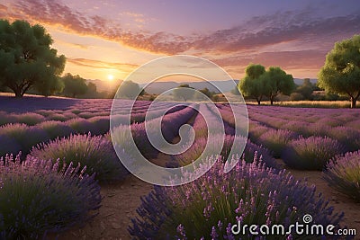 A landscape of a beautiful lavender garden at sunset Stock Photo