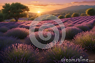 A landscape of a beautiful lavender garden at sunset Stock Photo