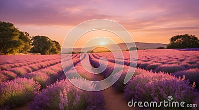 A landscape of a beautiful lavender garden at sunset Stock Photo