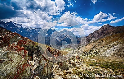 Landscape of beautiful rocky Fan mountains and Kulikalon lakes in Tajikistan Stock Photo