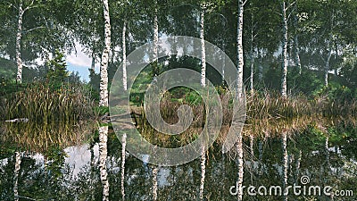 Landscape with birch trees and calm forest lake 3D Cartoon Illustration